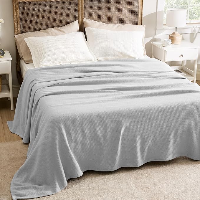 Bedsure GentleSoft 100% Cotton Blanket Queen Size for Bed - Breathable and Lightweight, Soft Cozy Textured Herringbone Woven Blanket for Summer, Grey, 90x90 inches