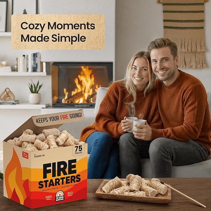 Moscow-Mix Fire Starter (75 PCS) Natural Fire Starters for Campfires, Fireplace, Charcoal Starter for Grill, BBQ, Wood Stove, Fire Pits - Odorless, Non-Toxic, Waterproof Natural Pine Wood Starters