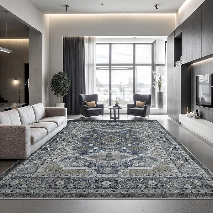 Rugland 9x12 Area Rug - Stain Resistant Washable Rug, Anti Slip Backing Rugs for Living Room, Vintage Tribal Area Rugs (TPR07-Navy, 9'x12')
