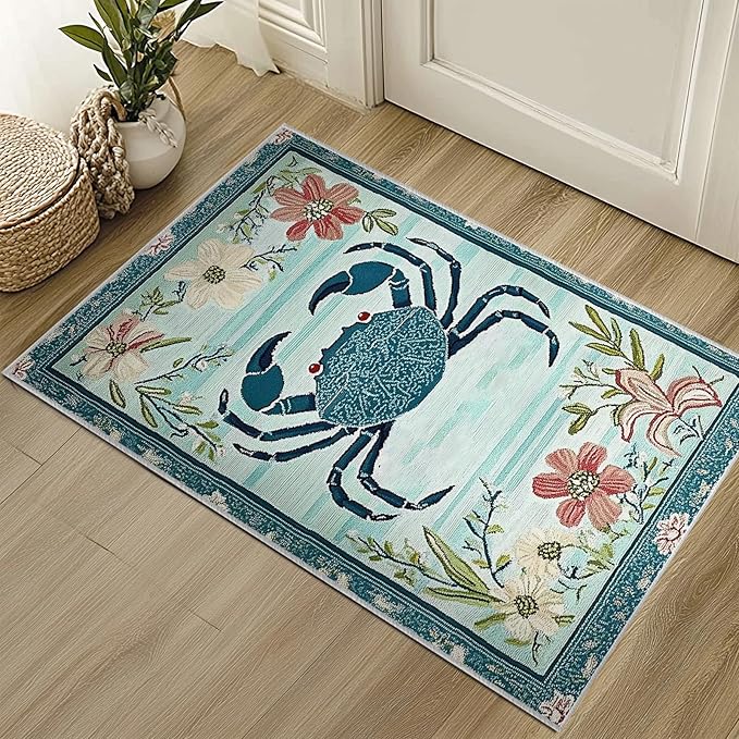 2x3 Crab Area Rugs Boho Teal Rug for Bathroom Kitchen Entryway Indoor Soft Non-Slip Thin Hippie Carpet Small Floral Doormat for Office Dining Room Home Decor Under Table Washable Machine