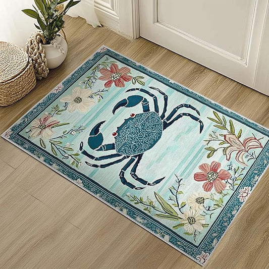 2x3 Crab Area Rugs Boho Teal Rug for Bathroom Kitchen Entryway Indoor Soft Non-Slip Thin Hippie Carpet Small Floral Doormat for Office Dining Room Home Decor Under Table Washable Machine
