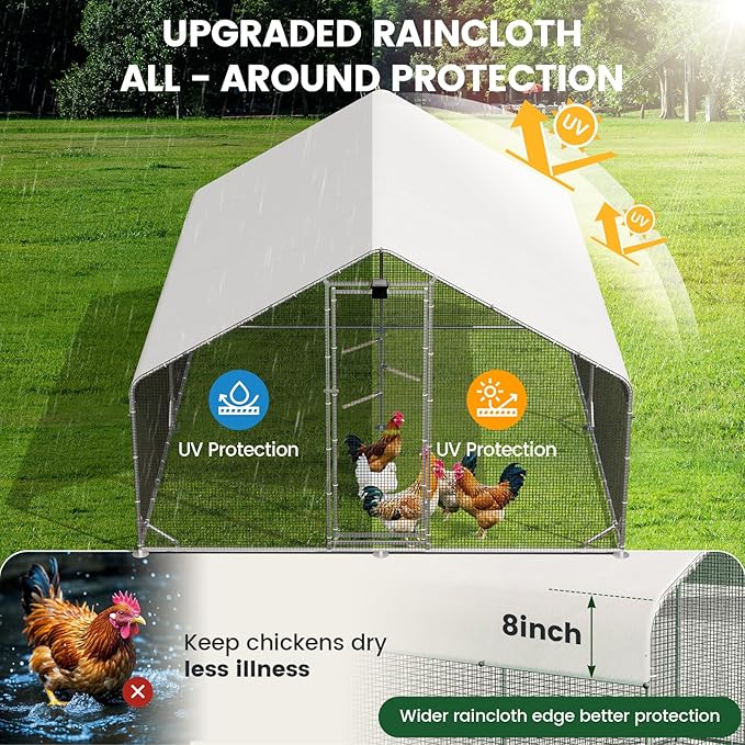 Large Chicken Coop with Chicken Run & Hardware Cloth, Solar Light, Waterproof & UV-Resistant Cover, Outdoor Poultry Cage for Farm Use,2 Room