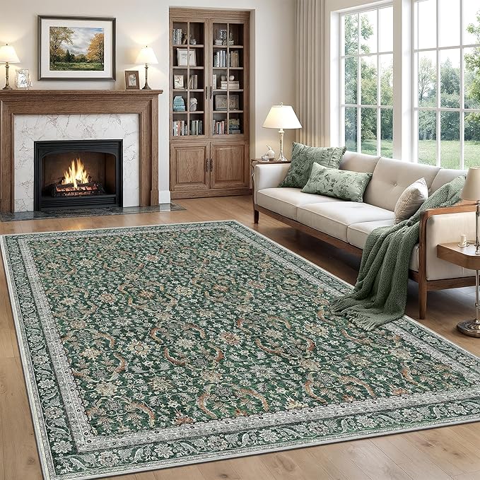 Rugland 8x10 Area Rugs - Stain Resistant Washable Rug, Anti Slip Rugs for Living Room, Vintage Tribal Area Rugs(Vintage01-Green, 8'x10')