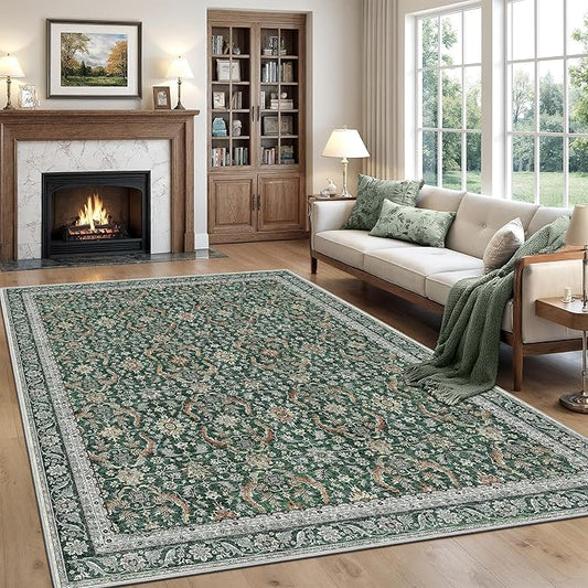 Rugland 8x10 Area Rugs - Stain Resistant Washable Rug, Anti Slip Rugs for Living Room, Vintage Tribal Area Rugs(Vintage01-Green, 8'x10')