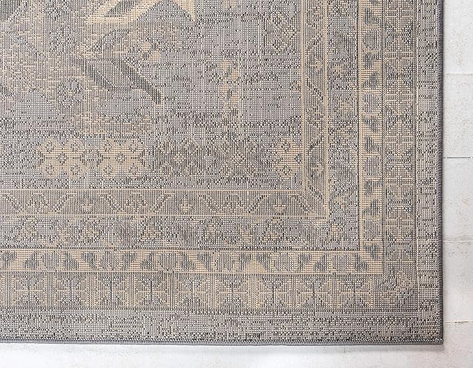 Unique Loom Taftan Collection Border Geometric Tribal Inspired Design Area Rug (7' 0 x 10' 0 Rectangular, Gray/ Black)