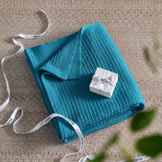 Bedsure Gentlesoft 100% Cotton Blanket King Size for Bed - Breathable and Soft, Thick Cozy Waffle Weave Christmas Blanket Gift for Women, Teal, 104x90 inches