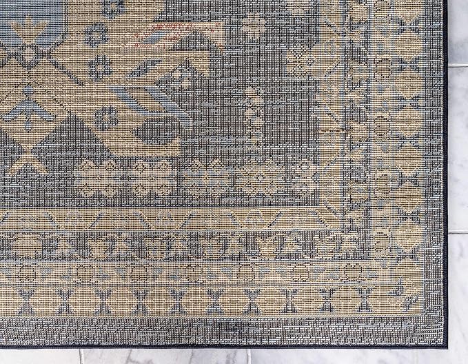 Unique Loom Taftan Collection Border Geometric Tribal Inspired Design Area Rug (8' 0 x 10' 0 Rectangular, Navy Blue/ Gold)