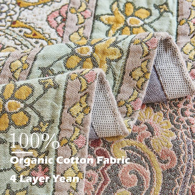 Boho Throw Blanket 60" x 80", 100% Organic Cotton Breathable Skin-Friendly Ultra Soft Bed Quilt Throw - Floral Rustic Decor Luxury Reversible Blanket for Sofa Couch Chair and Gift,