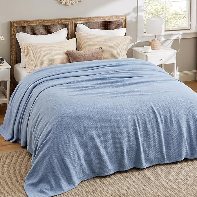 Bedsure GentleSoft 100% Cotton Large Blanket Oversized King for Bed 120x94 inches - Breathable Soft Cozy Herringbone Woven Blanket for Summer, Couch Cover, Ashley Blue