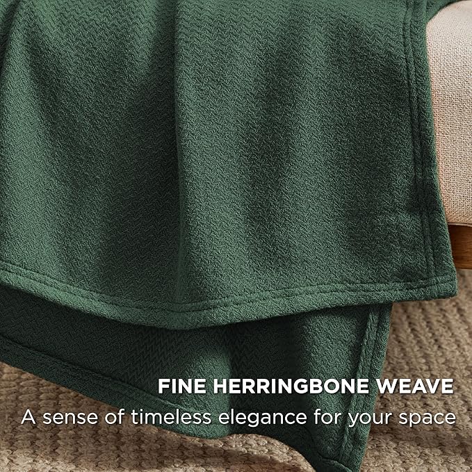 Bedsure GentleSoft 100% Cotton Blanket Queen Size for Bed - Breathable and Lightweight, Soft Cozy Textured Herringbone Woven Blanket, Dark Green, 90x90 inches