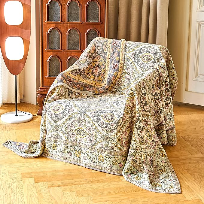 Boho Throw Blanket 80" x 90", 100% Organic Cotton Breathable Skin-Friendly Ultra Soft Bed Quilt Throw - Floral Rustic Decor Luxury Reversible Blanket for Sofa Couch Chair and Gift,
