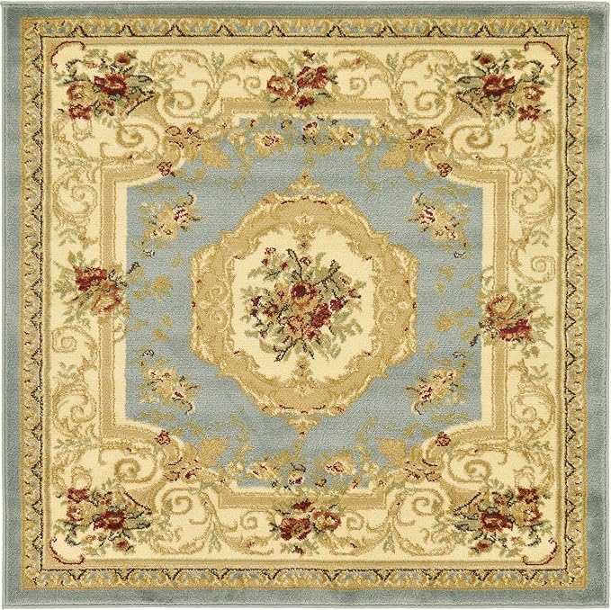 Unique Loom Versailles Collection Traditional Classic Floral Motif Area Rug (4' 0 x 4' 0 Square, Slate Blue/ Ivory)