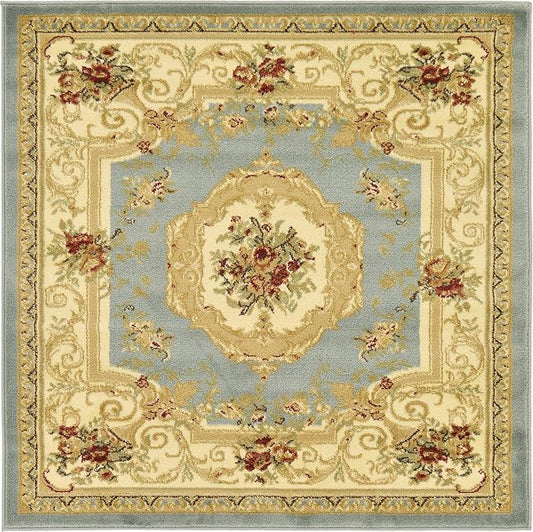 Unique Loom Versailles Collection Traditional Classic Floral Motif Area Rug (4' 0 x 4' 0 Square, Slate Blue/ Ivory)