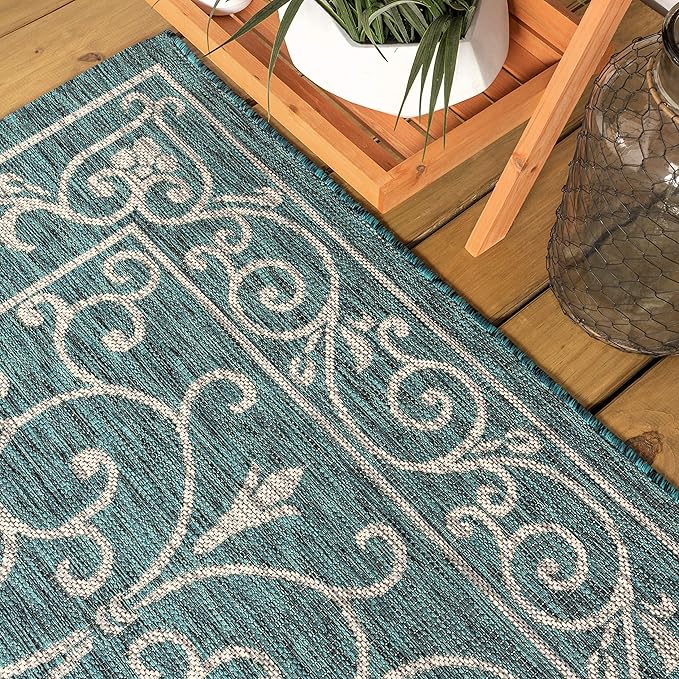 JONATHAN Y Vintage Filigree Indoor Outdoor Round Area Rug 9 Ft Teal/Gray, Charleston Textured Weave for Backyard, Patio, Porch, Easy-Cleaning, High Traffic, Pet-Friendly, Non-Shedding (SMB106F-9R)