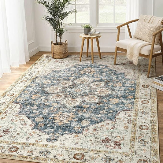 Area Rug for Living Room - 7x9 Soft Washable Oriental Vintage Floral Distressed Large Carpet - Fade Stain Resistant Non Slip Rugs for Bedroom Dining Room Nursery Dorm Office Home Decor - Blue Golden