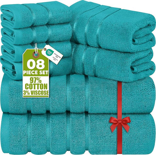 Utopia Towels 8 Piece Luxury Towel Set, 2 Bath, 2 Hand, and 4 Wash Cloths, 600 GSM Ring Spun Cotton, Highly Absorbent Viscose Stripe Towels, Ideal for Everyday use, Turquoise