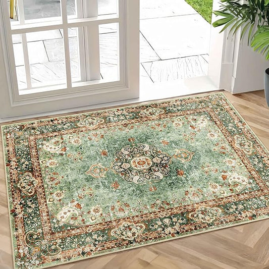 Small Rugs 2x3,Green Rug for Entryway Bathroom Bedroom Kitchen Entrance Doormat,Boho Vintage Bohemian Distressed Washable Oriental Accent Floor Throw Carpet Non Slip