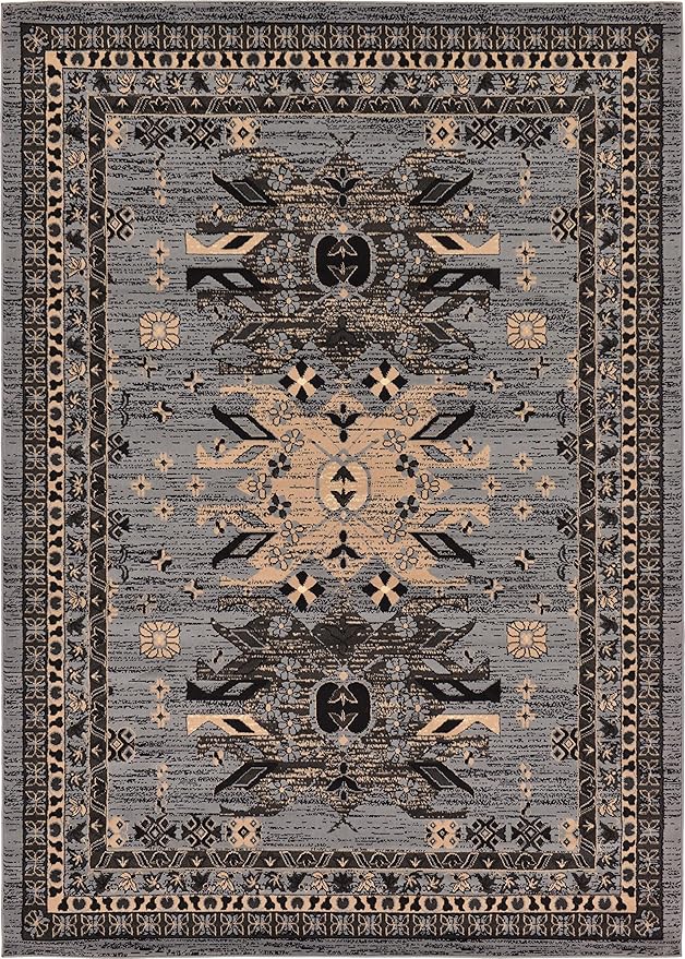 Unique Loom Taftan Collection Border Geometric Tribal Inspired Design Area Rug (7' 0 x 10' 0 Rectangular, Gray/ Black)