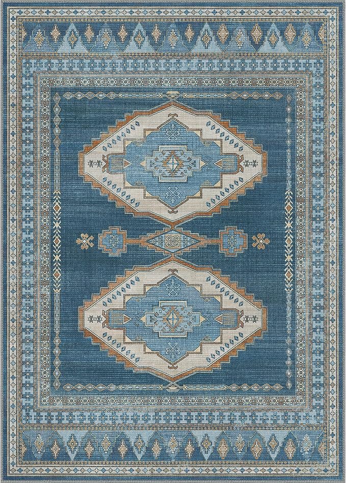 GENIMO Machine Washable 10x14 Area Rugs for Living Room, Non Slip Vintage Rugs, Low Pile Lightweight Chenille Print Rug for Bedroom, Dining Room, Home Office, Navy/Brick