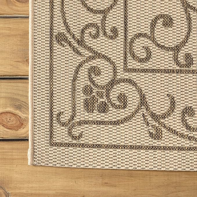 JONATHAN Y Vintage Filigree Indoor Outdoor Round Area Rug 4 Ft Beige/Brown, Charleston Textured Weave for Backyard, Patio, Porch, Easy-Cleaning, High Traffic, Pet-Friendly, Non-Shedding (SMB106A-4R)