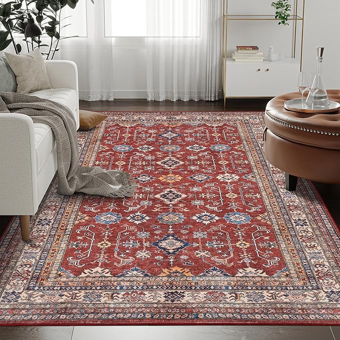 Rugland 5x7 Area Rugs - Stain Resistant Washable Rug, Anti Slip Backing Rugs for Living Room, Vintage Tribal Area Rugs(Burgundy, 5'x7')