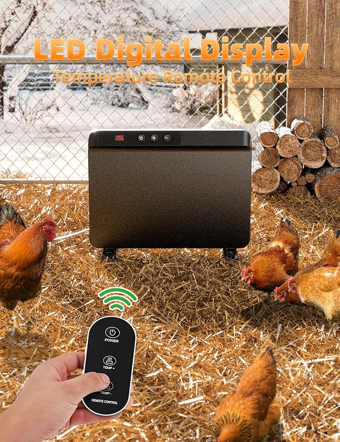 Smart Chicken Coop Heater with Efficient Thermostat, Compatible with Timers & Temp Controllers, 200W Safe Inside Radiant Flat Panel Warmer, Remote-Adjustable for Pets & Animals in Winter
