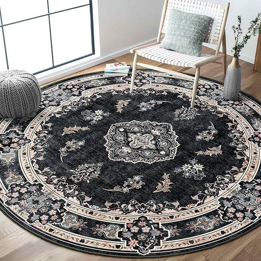 MUJOO Black Round Rug 6ft,Circle Washable Area Rugs for Bedroom Living Room Bathroom,Boho Large Vintage Bohemian Distressed Farmhouse Non Slip Circular Carpet,Floral