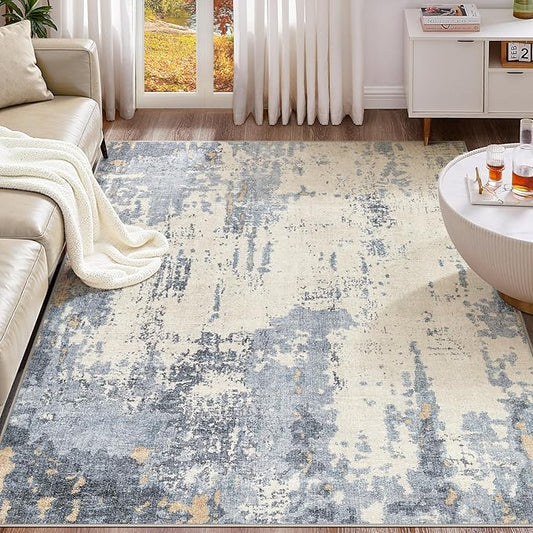 5x7 Area Rug Living Room Rugs - Washable Neutral Modern Abstract Soft Thin Rug Indoor Floor No Slip Rug Carpet for Bedroom Under Dining Table Home Office Decor - Blue/Light Brown