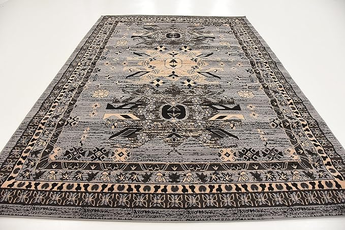 Unique Loom Taftan Collection Border Geometric Tribal Inspired Design Area Rug (7' 0 x 10' 0 Rectangular, Gray/ Black)