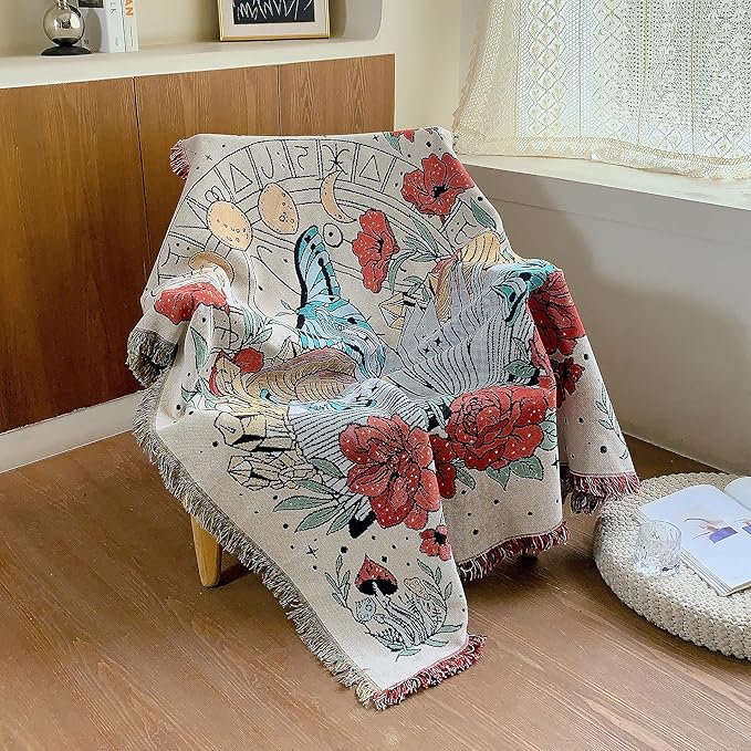 Boho Throw Blanket Reversible Cotton Bohemian Tapestry Hippie Room Decor Double Sided (The Flower 50"x60")