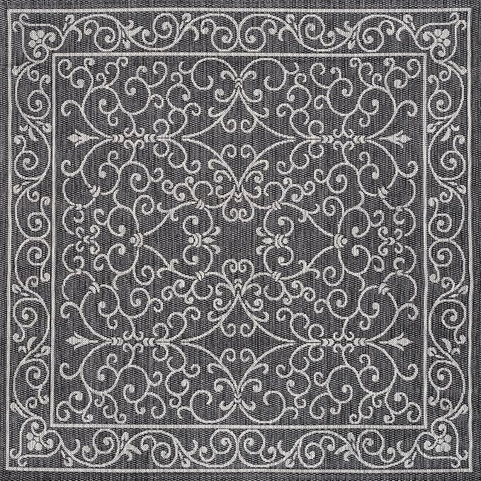 JONATHAN Y Vintage Filigree Indoor Outdoor Square Area Rug 3X3 Black/Gray, Charleston Textured Weave for Backyard, Patio, Porch, Easy-Cleaning, High Traffic, Pet-Friendly, Non-Shedding (SMB106G-3SQ)