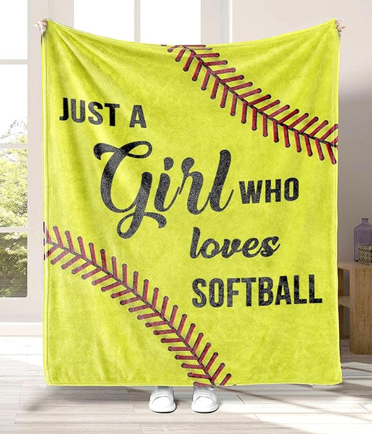 Just A Girl Who Loves Softball Blanket Soft Team Throw Blanket Fleece Comfy Yellow Plush Flannel Softball Travel for Outdoor Couch Sofa Birthday Gifts for Girls Kids - 60''x80''