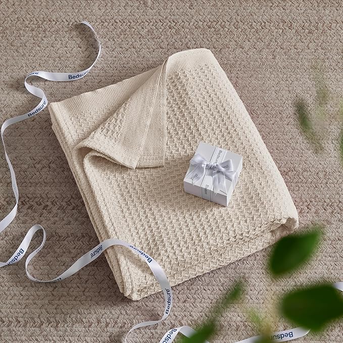 Bedsure Gentlesoft 100% Cotton Large Throw Blanket for Couch 50x70 inches - Breathable and Soft, Waffle Weave Throw Blanket for Office, Light Beige