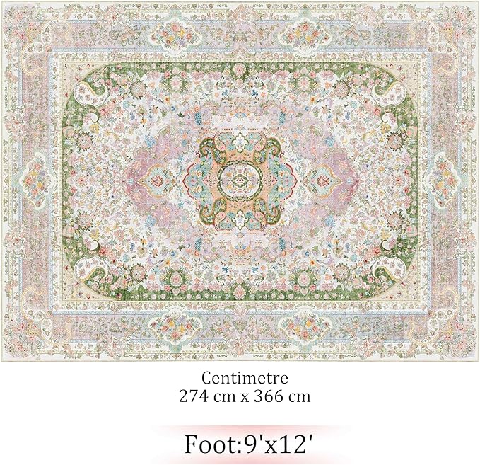 9x12 Area Rugs Washable,Pink Rug for Living Room Bedroom Dining Room,Large Boho Vintage Bohemian Distressed Carpet Non Slip,Blush Green