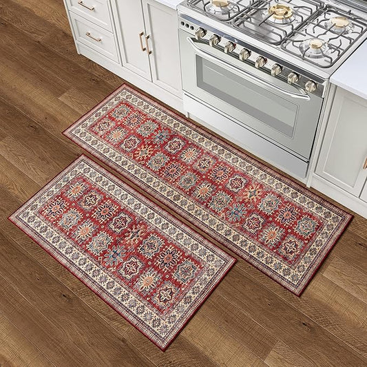 Wyatt & Ash Red Minot Imagine Printed Chenille 2' x 6' Runner Rug / 2' x 4' Accent Rug Non Skid & Machine Washable Rugs 2 Piece Set