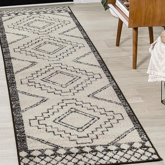 JONATHAN Y Amir Moroccan Beni Souk Cream/Black Runner Rug, 2x20, Bohemian, Scandinavian, Easy-Cleaning for Living Room, Bedroom, Kitchen, Pet Friendly, Non-Shedding (MOH200A-220)