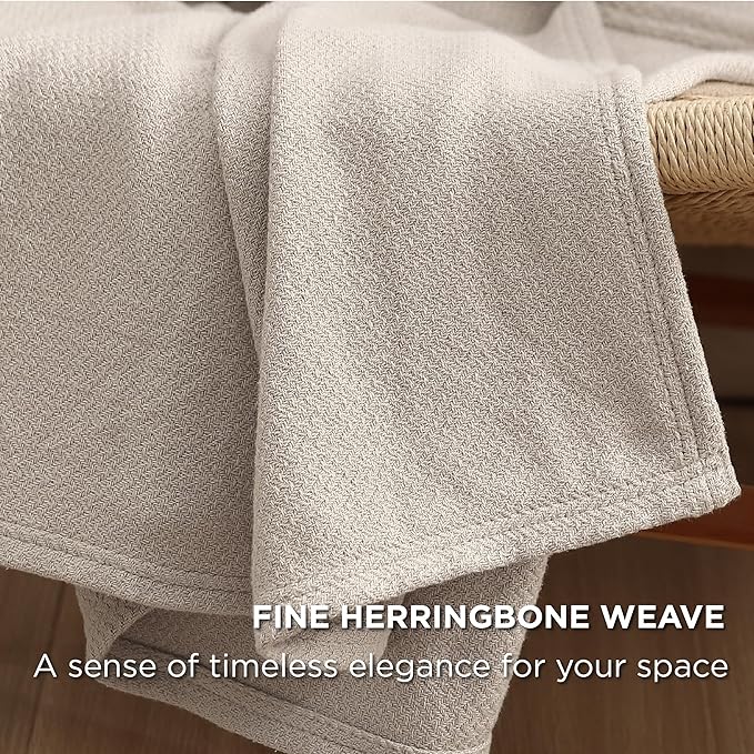 Bedsure GentleSoft 100% Cotton Large Blanket Oversized King for Bed 120x94 inches - Breathable Soft Cozy Herringbone Woven Blanket for Summer, Couch Cover, Linen Beige