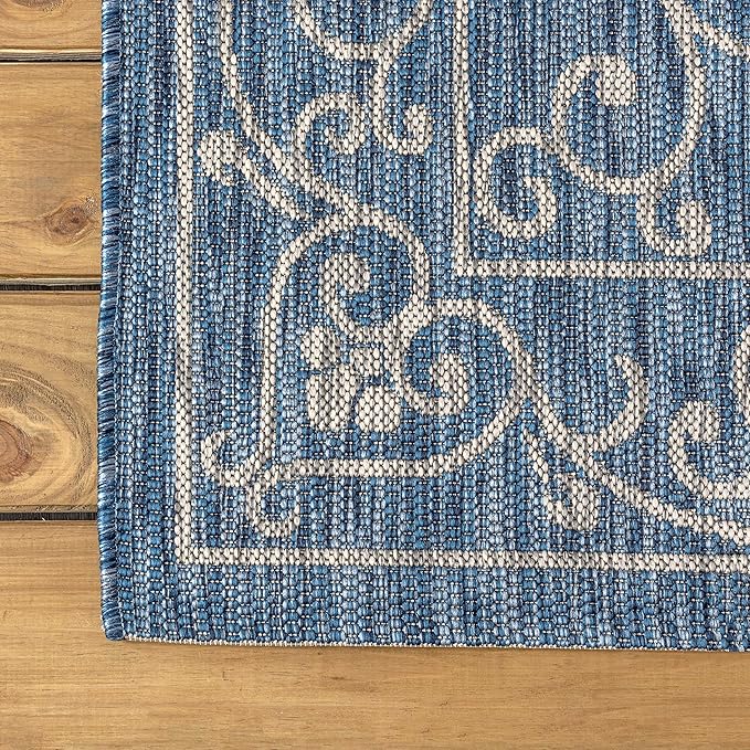 JONATHAN Y Vintage Filigree Indoor Outdoor Round Area Rug 9 Ft Navy/Gray, Charleston Textured Weave for Backyard, Patio, Porch, Easy-Cleaning, High Traffic, Pet-Friendly, Non-Shedding (SMB106D-9R)