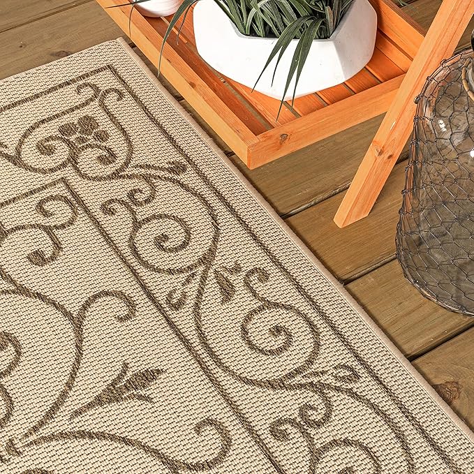 JONATHAN Y Vintage Filigree Indoor Outdoor Round Area Rug 4 Ft Beige/Brown, Charleston Textured Weave for Backyard, Patio, Porch, Easy-Cleaning, High Traffic, Pet-Friendly, Non-Shedding (SMB106A-4R)