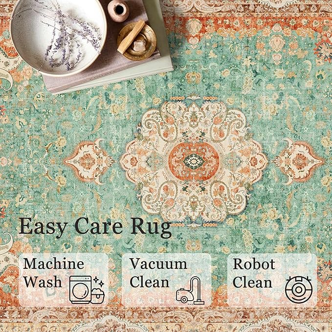 Boho Rug 3x5,Washable Area Rugs for Bedroom Living Room Kitchen Entryway,Small Boho Vintage Bohemian Distressed Farmhouse Non Slip Carpet,Retro Orange Green Floral