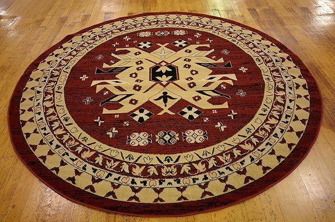 Unique Loom Taftan Collection Border Geometric Tribal Inspired Design Area Rug (8' 0 x 8' 0 Round, Red/ Gold)