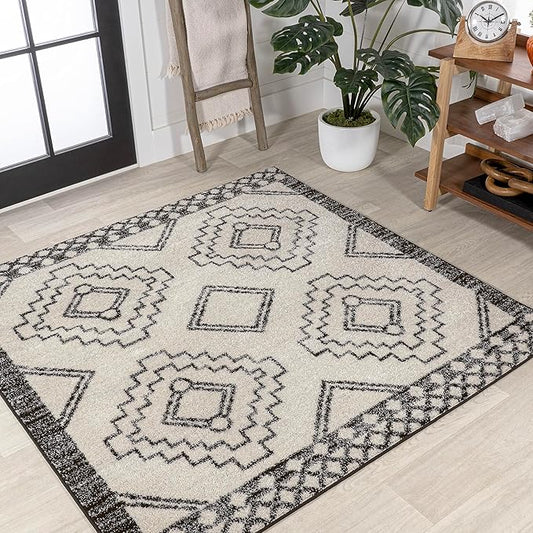 JONATHAN Y Amir Moroccan Beni Souk Cream/Black 3x3 Square Indoor Area Rug, Bohemian, Scandinavian, Easy-Cleaning for Living Room, Bedroom, Kitchen, Pet Friendly, Non-Shedding (MOH200A-3SQ)