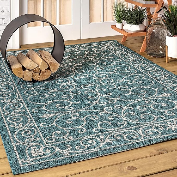 JONATHAN Y Vintage Filigree Indoor Outdoor Area Rug 6X9 Teal/Gray, Charleston Textured Weave for Backyard, Patio, Porch, Easy-Cleaning, High Traffic, Pet-Friendly, Non-Shedding (SMB106F-6)
