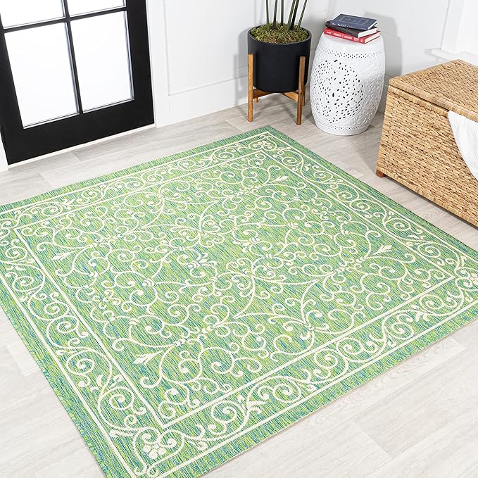 JONATHAN Y Vintage Filigree Indoor Outdoor Square Area Rug 5X5 Green/Ivory, Charleston Textured Weave for Backyard, Patio, Porch, Easy-Cleaning, High Traffic, Pet-Friendly, Non-Shedding (SMB106K-5SQ)
