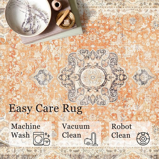 5x7 Area Rugs Washable,Boho Rug for Living Room Bedroom Kitchen,Large Vintage Bohemian Farmhouse Distressed Carpet Non Slip,Retro Orange Grey Floral