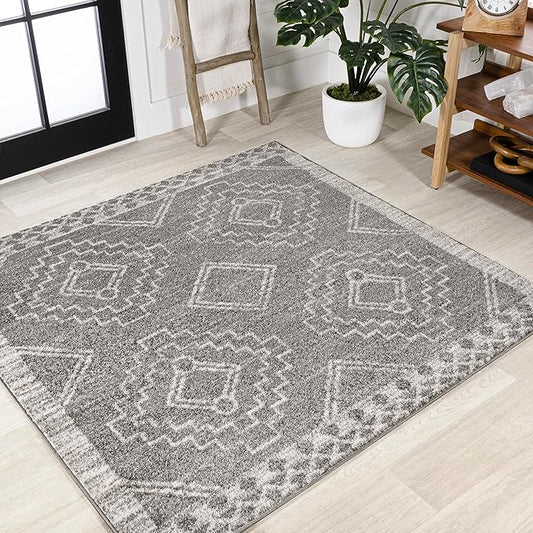 JONATHAN Y Amir Moroccan Beni Souk Gray/Cream 9x9 Square Indoor Area Rug, Bohemian, Scandinavian, Easy-Cleaning for Living Room, Bedroom, Kitchen, Pet Friendly, Non-Shedding (MOH200C-9SQ)