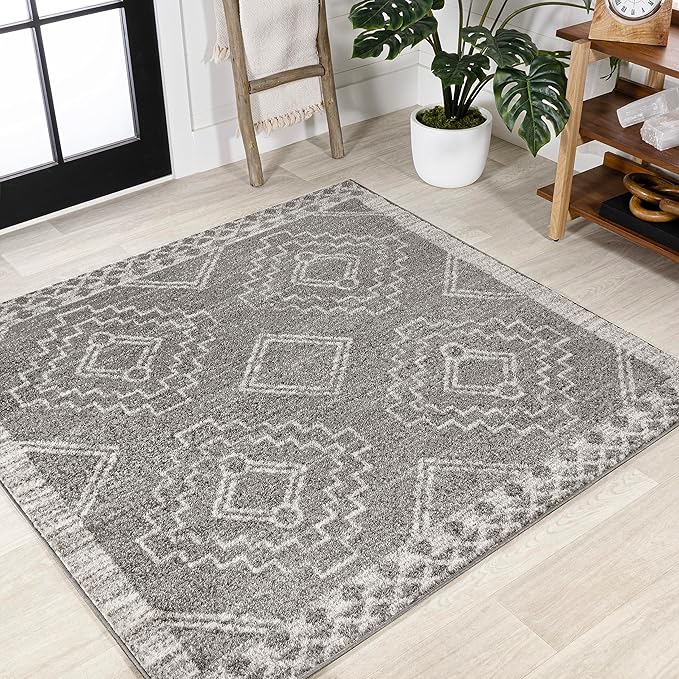 JONATHAN Y Amir Moroccan Beni Souk Gray/Cream 3x3 Square Indoor Area Rug, Bohemian, Scandinavian, Easy-Cleaning for Living Room, Bedroom, Kitchen, Pet Friendly, Non-Shedding (MOH200C-3SQ)