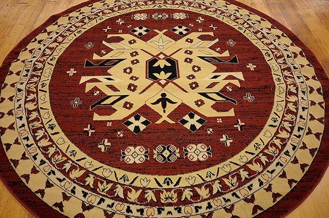 Unique Loom Taftan Collection Border Geometric Tribal Inspired Design Area Rug (8' 0 x 8' 0 Round, Red/ Gold)