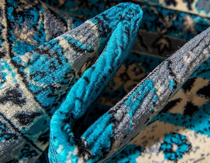 Unique Loom Taftan Collection Border Geometric Tribal Inspired Design Area Rug (6' 0 x 9' 0 Rectangular, Turquoise/ Gray)