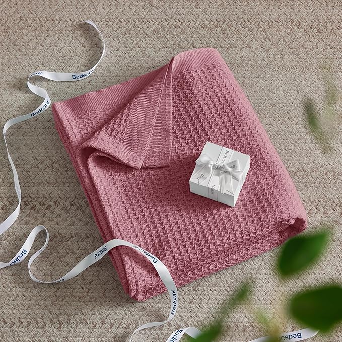Bedsure Gentlesoft 100% Cotton Blanket Queen Size for Bed - Breathable and Soft, Thick Cozy Waffle Weave Christmas Blanket Gift for Women, Dusty Rose, 90x90 Inches